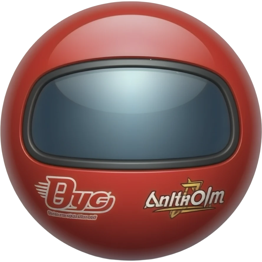 A scene of a red ball with helmet window at the front with racing car sponsors emoji