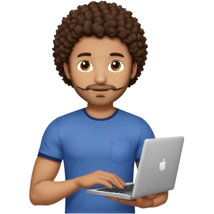 men holding his computer in hands. light brown skin men with curly dark brown hair, brown eyes, little grown beard. ust a tiny bit muscular. dressed casual. round face. emoji