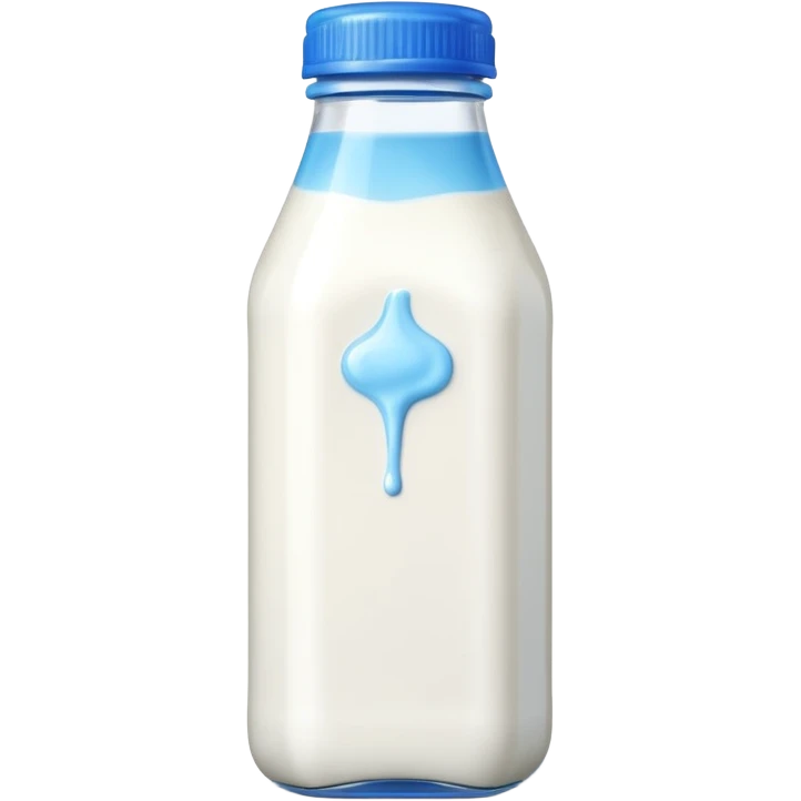 A 3D cartoon bottle of milk with white liquid, blue cap, clean reflections, Memoji-style. emoji