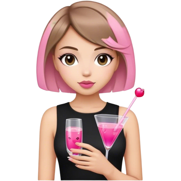 light brunette short hair girl black top holding a pink cosmo emoji