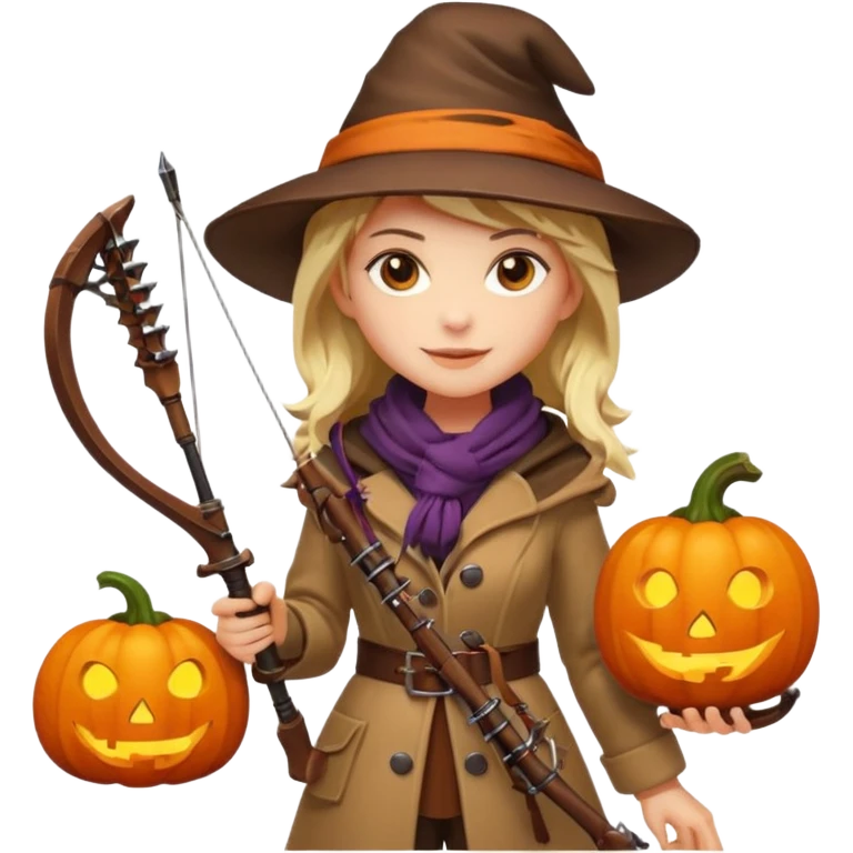 female human monster hunter emoji, wearing brown coat and hat, holding crossbow, soft smile, scarf, glowing pumpkin by her side, Halloween fantasy style, clean vector Apple emoji look, bright colors, white background, square emoji