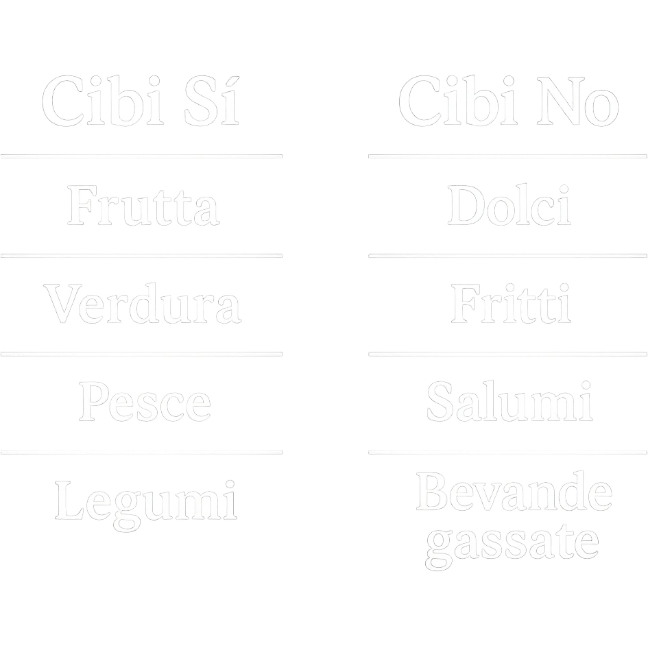 DUE TABELLE CON SCRITTE BIANCHE CON LINEE GUIDE DI CIBI SI E CIBI NO IN BIANCO emoji