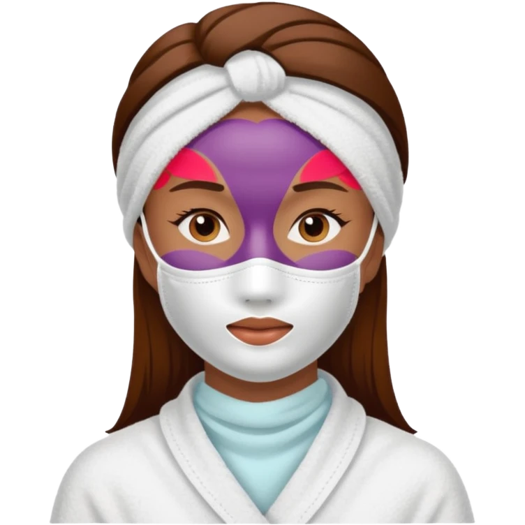a woman with brown hair wearing a white towel and a skin care mask on her face emoji