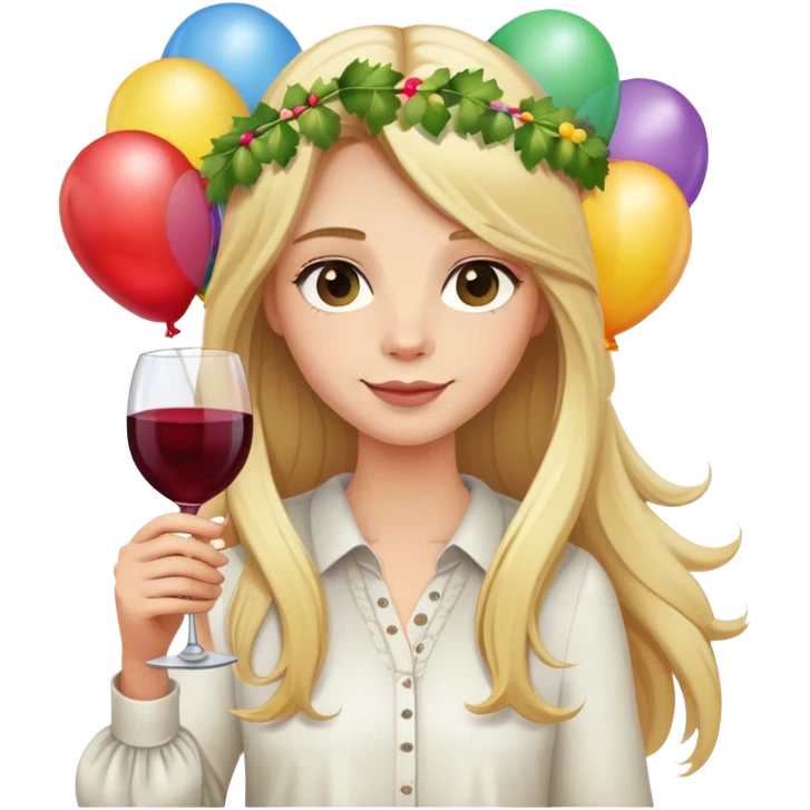 Blond long hair birthday girl with garland and ballons and wine  emoji