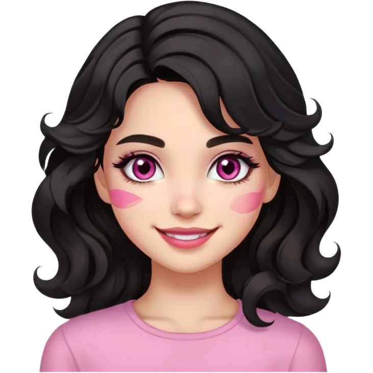 smiling girl with black wavy hair swept to the left, pink eye makeup smudged, no pink on cheeks emoji