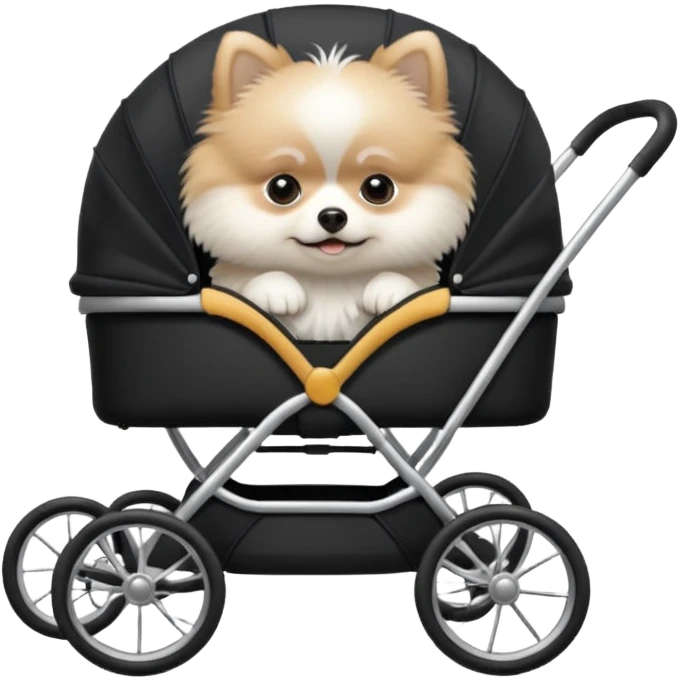 A white Pomeranian dog sits in a black baby stroller. A wheelchair with a folded roof. The image quality is ultra realistic. emoji