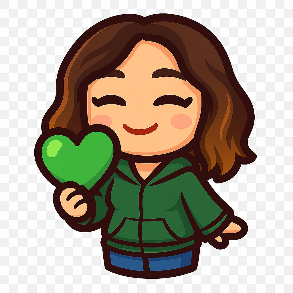 Create a chibi emote of the woman from the reference images, wearing a green hoodie and jeans, holding a green love heart, no headband, no sparkles, no wand, transparent background in sticker style emoji