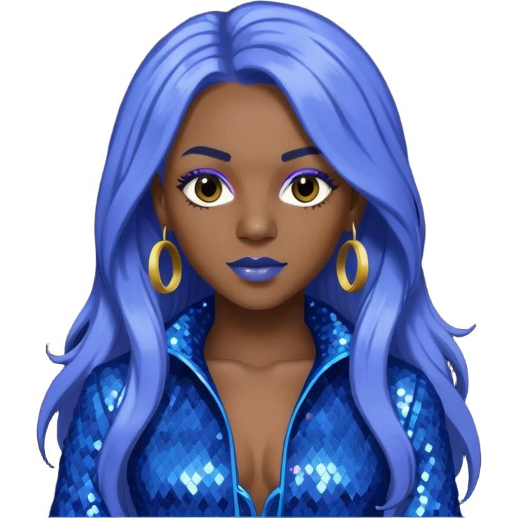 Spice, Dancehall Singer with dark skin, long periwinkle hair, blue sequin outfit emoji