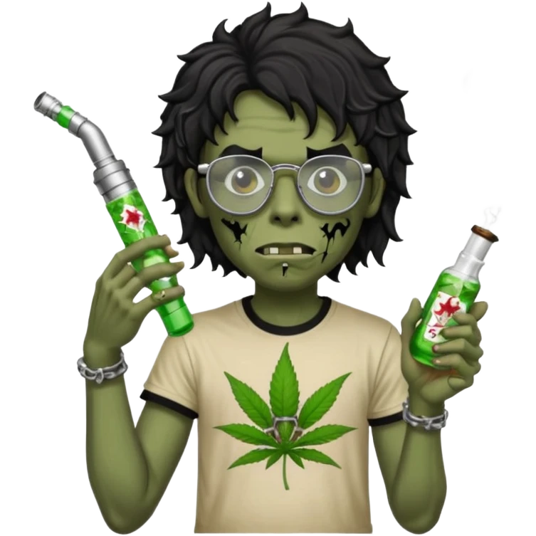 black wavy haired zombie getting stoned with weed t shirt and bong on his hand and wearing chrome hearts glasses emoji