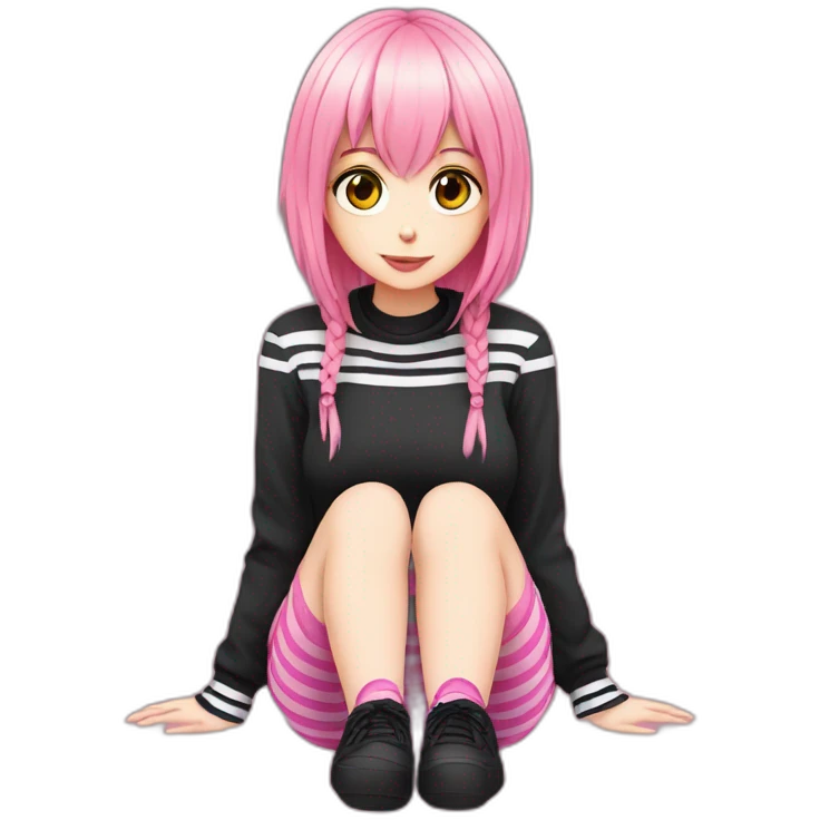full body Front view emo girl sits on the floor black skirt pink knickers long striped socks emoji