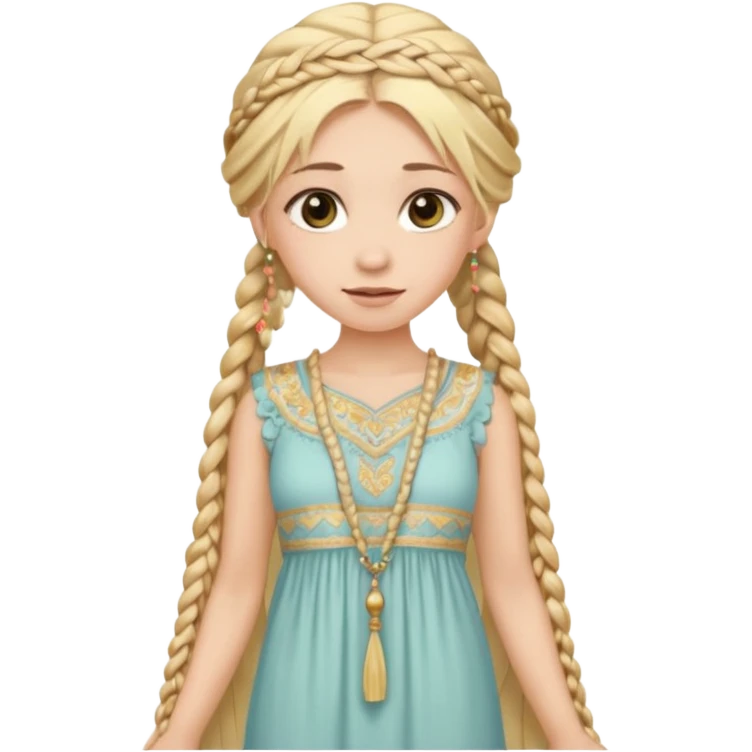 
mujer, Joven, de aspecto dulce y elegante.
Piel clara, ojos grandes y expresivos, sonrisa triste.
Rubio o castaño claro, largo, con trenzas o velo.
Vestido largo hasta los pies de tonos suaves (blanco, azul o lavanda), con bordados dorados; toca fina cubriendo la cabeza. emoji