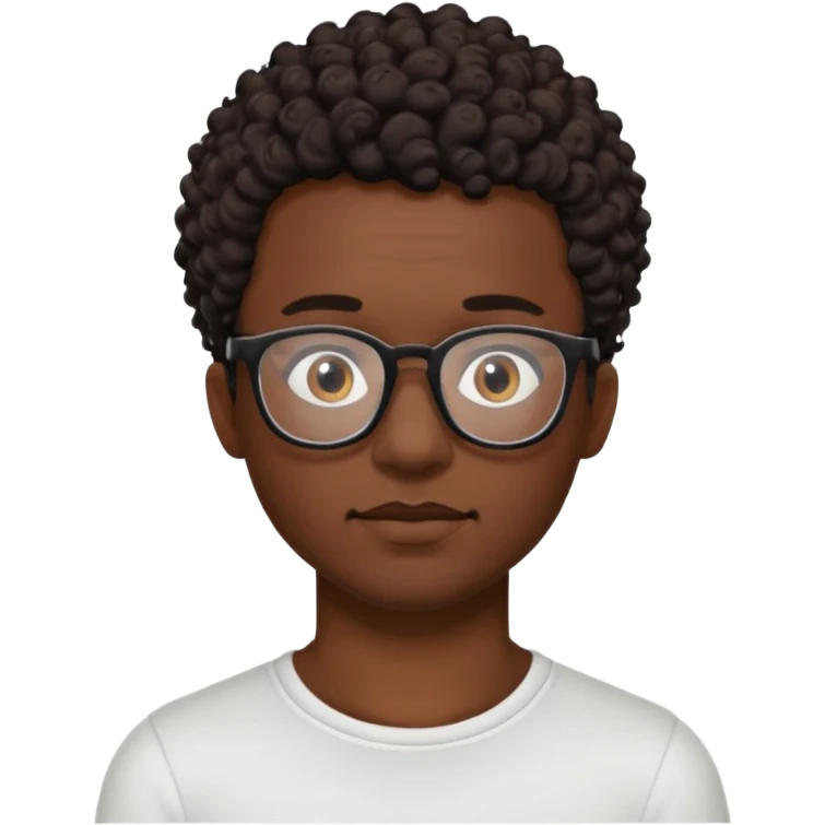 black man with short dark brown curly hair, black glasses, small tattoo on neck emoji