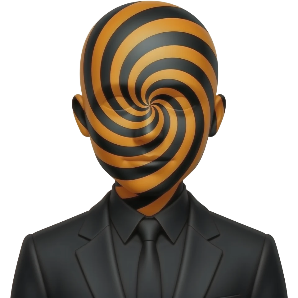 a person with a mask made witch black and orange spirals, the mask covers  the face we dont see eyes and mouth and everything. dressed in black, dark mmod emoji