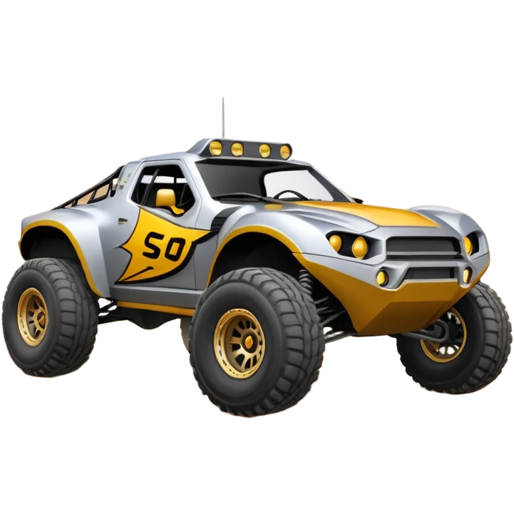 Satan’s (post race) cabaret wide-body Dirty and dented Local Motors Rally Fighter off road race car hot rod trophy truck-style flying on a dusty road (silver wheels) emoji