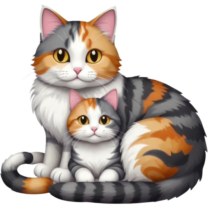 full body colourful light patched calico + white tabby cat cuddling a bigger cat that is dark grey and white tabby cat  and they are in love emoji