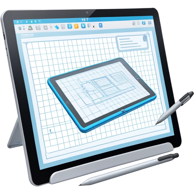 Create an emoji for 3D visualization and modeling. Show a large graphic tablet with a stylus drawing in a 3D modeling program, displaying a wireframe model that pops out from the screen. Use modern, professional colors. Do not include any emojis or smiley faces. Make the background transparent. emoji