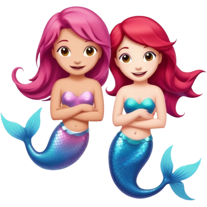 Cute iOS-style emoji of a pastel pink dolphin and a red-haired mermaid, smiling at each other. 
Simple vector emoji design, bold outlines, soft gradients, glossy look, centered, white background. emoji