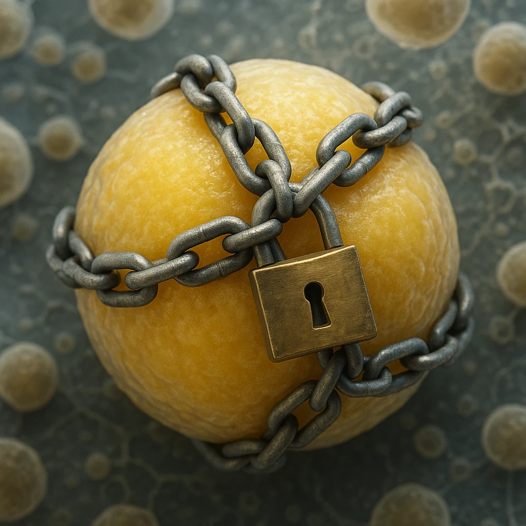 adipocyte viewed under microscope, wrapped in chains and padlock, hyper realistic 4K, cellular details, scientific atmosphere emoji