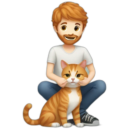 Boy with brown hair and beard playing with ginger cat emoji