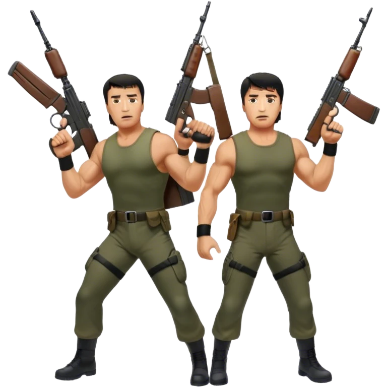 Icon for Action Movies: Arnold Schwarzenegger as John Matrix in Commando and Sylvester Stallone as John Rambo in Rambo, both in iconic action poses with weapons, intense expressions, and explosive backgrounds. Powerful and dynamic with dramatic lighting. Transparent background. emoji