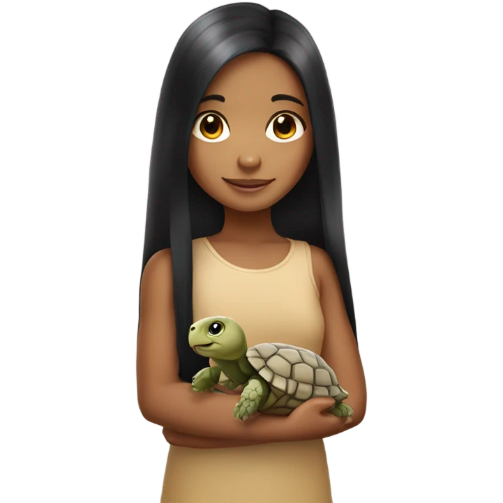 Little girl with long black hair and light tan skin holding a tortoise emoji