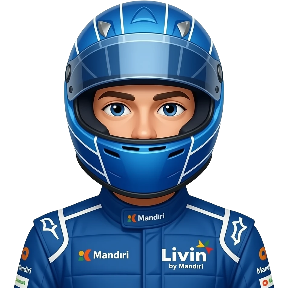 f1 racer posing with blue costume, using blue costume and helmet, with mandiri logo & livin by mandiri logo sponsor emoji