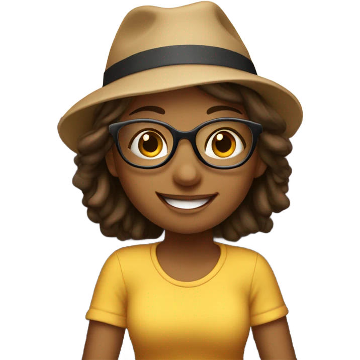 smiling girl on couch indoors with glasses and hat emoji