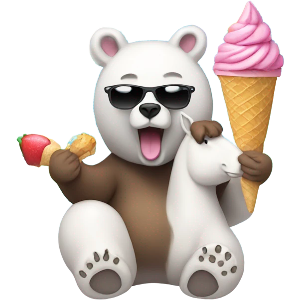 Bear whith sunglasses riding a unicorn whith ice cream  emoji