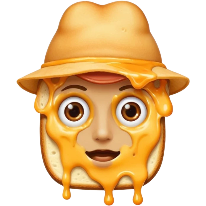 a toastie with melted cheese on the rim and an orange hat and two eyes in left  emoji