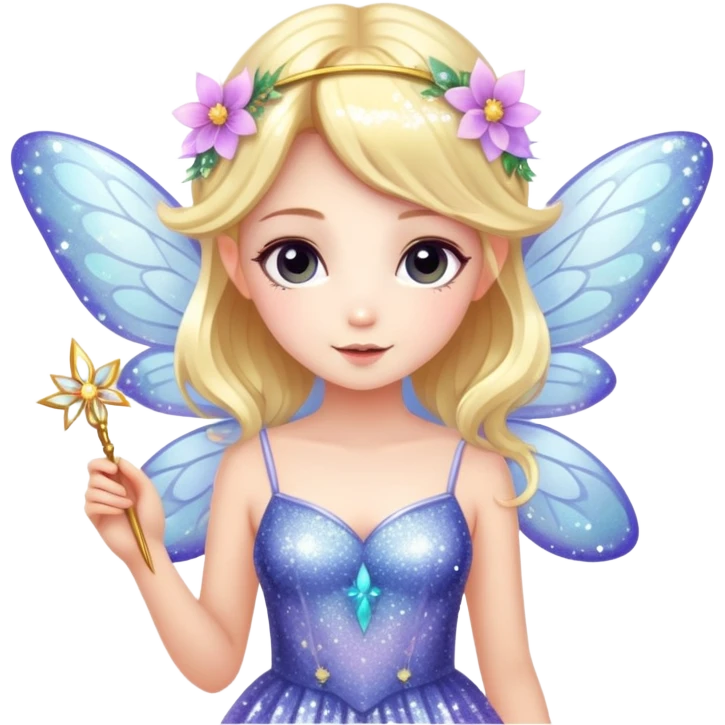 Cute fairy girl with delicate wings, sparkly wand, floral dress, and magical glitter emoji