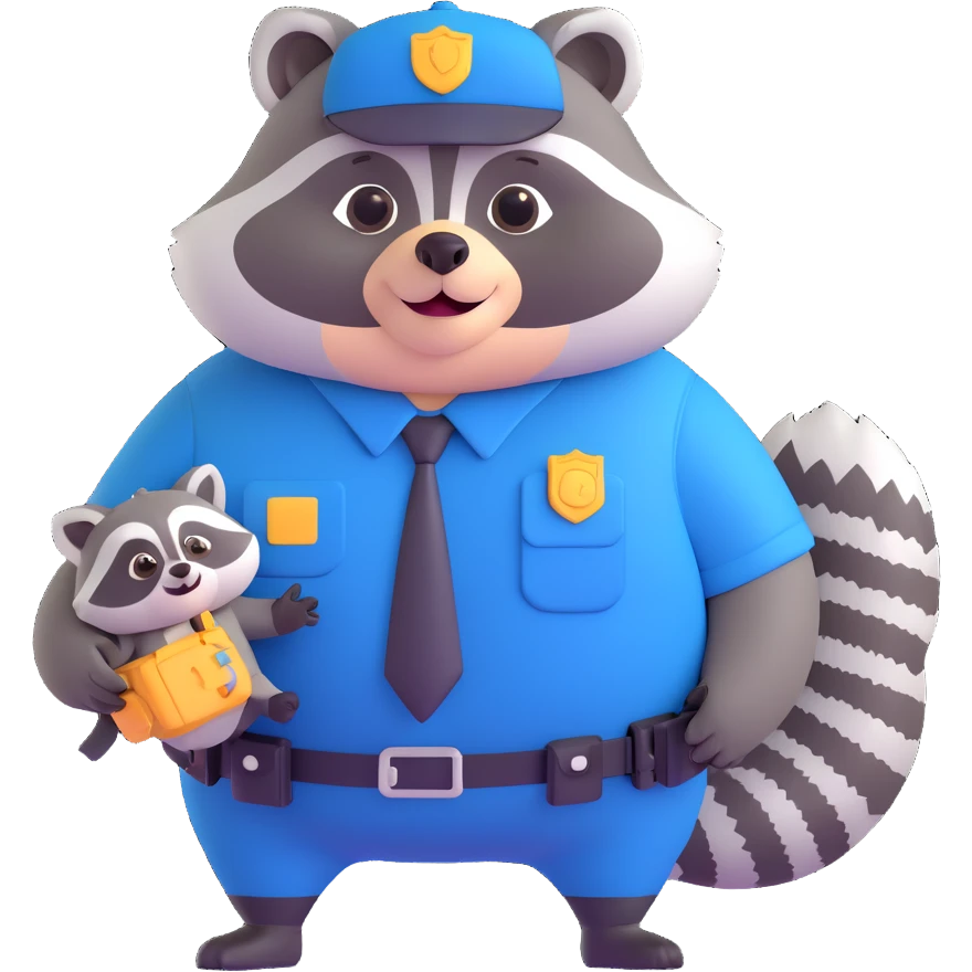 Add a playful pet raccoon beside the chubby federal agent in 3D cartoon style with transparent background. emoji