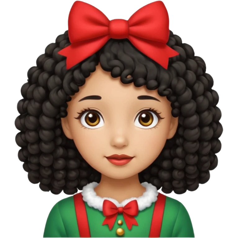 cute girl tan skin, curly black hair chin length, middle part, long eyelashes, cute cheeks, 5'2, outfit croquette style with bows and christmas theme emoji