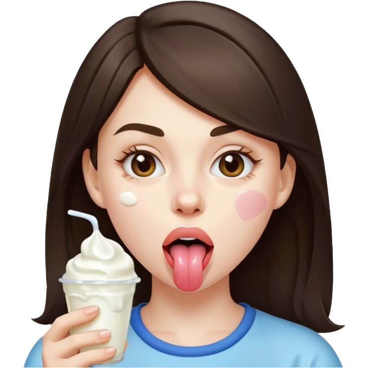 Brunette girl, tounge out, yogurt all over face and on tounge  emoji