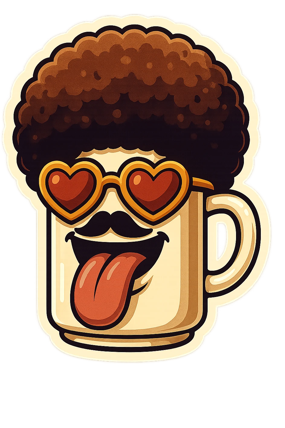 Tall coffee cupp, afro, heart glasses, big heart eyes, tounge rolled out emoji