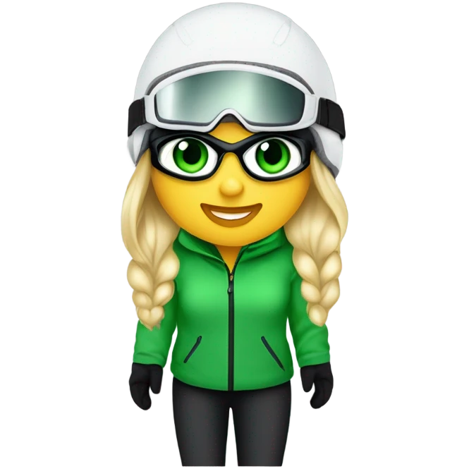 Green-eyed, fat female skier with medium-length straight blonde hair not plaited, snow goggles on helmet, white ski helmet, gray snow jacket, green ski gloves, long black pants rolled up at the bottom, black only snow boots standing tall. emoji