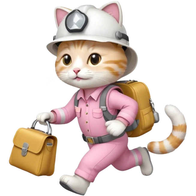 A cute white and pink funny cat cartoon style, dressed as engineer with a white helmet, running super fast carrying her cute bag, leaving a trail of smoking footsteps emoji