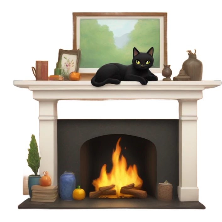 black cat on fireplace mantle emoji