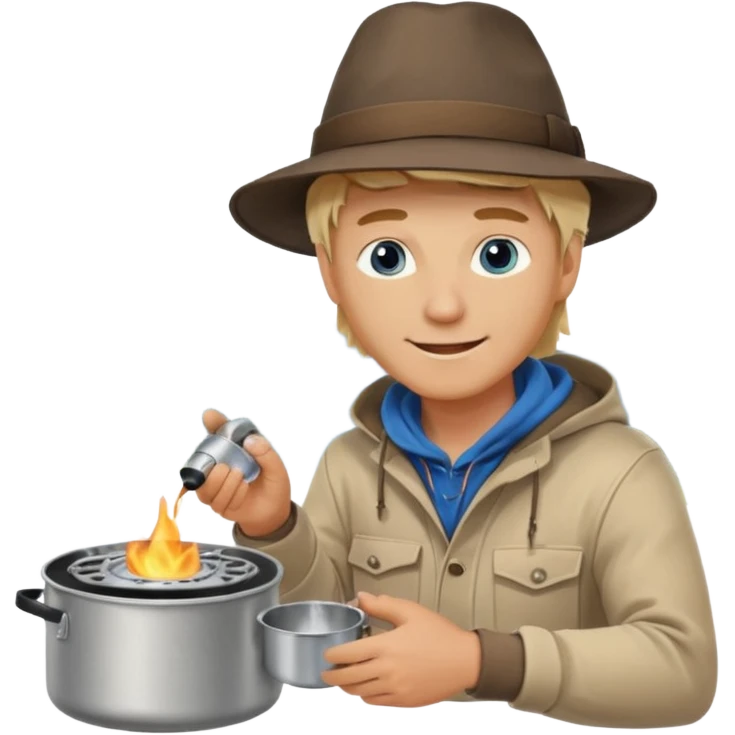 A blonde man camper boiling water on a portable stove, enjoying the outdoor emoji