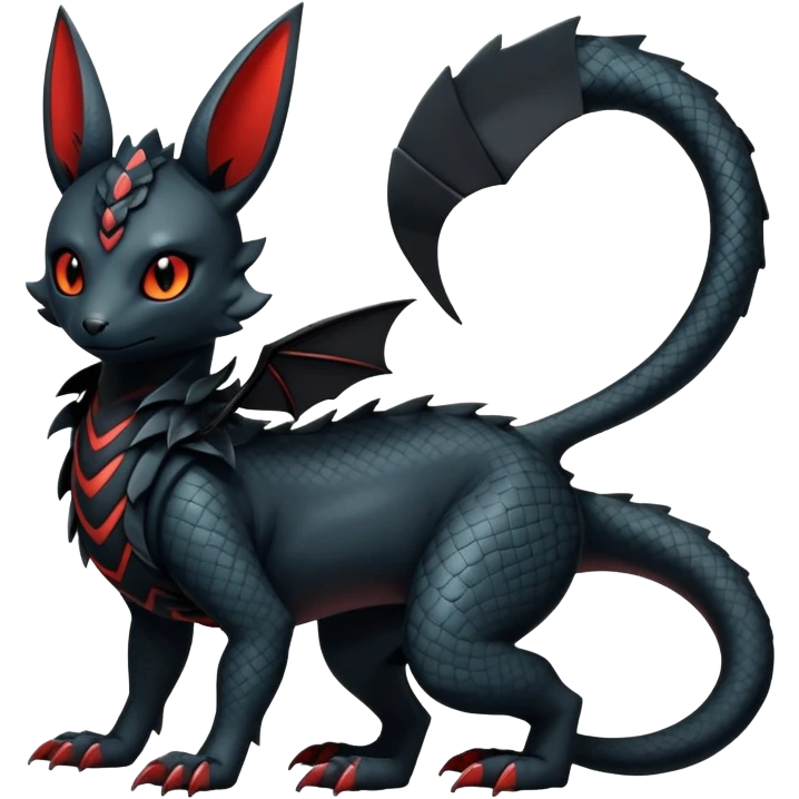 Sophisticated Modern Gothic Gloomy Futuristic Scaly Cyber-Salandit-Umbreon-Litten-Hybrid (Full body) emoji