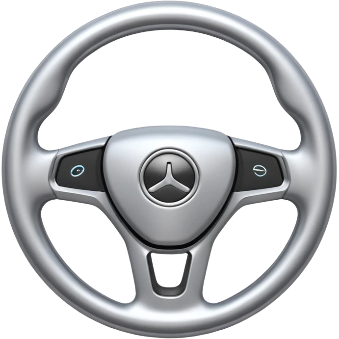 A futuristic steering wheel emoji made of silver chrome, minimal geometric design, smooth metallic surface, soft reflections, iOS emoji style, centered, clean white background emoji