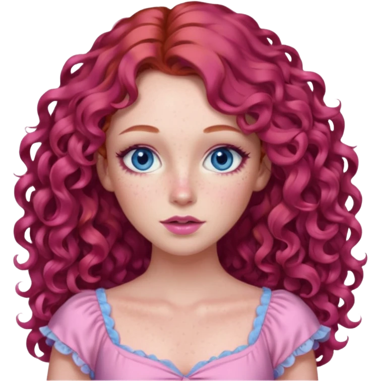 Chappell Roan long red curly hair, blue eyes, pink eyeshadow and lip, pink dress emoji