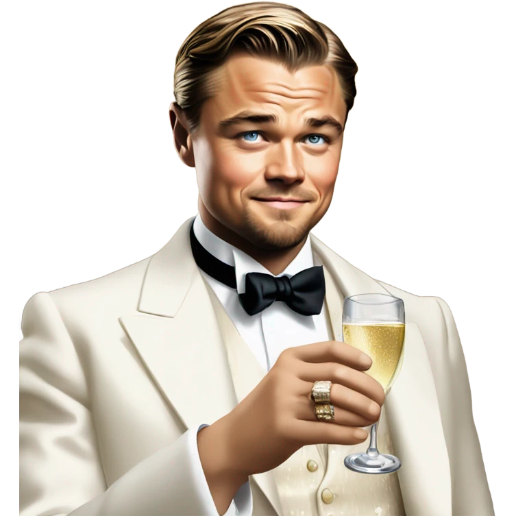 Leonardo DiCaprio as Gatsby holds a glass of champagne emoji