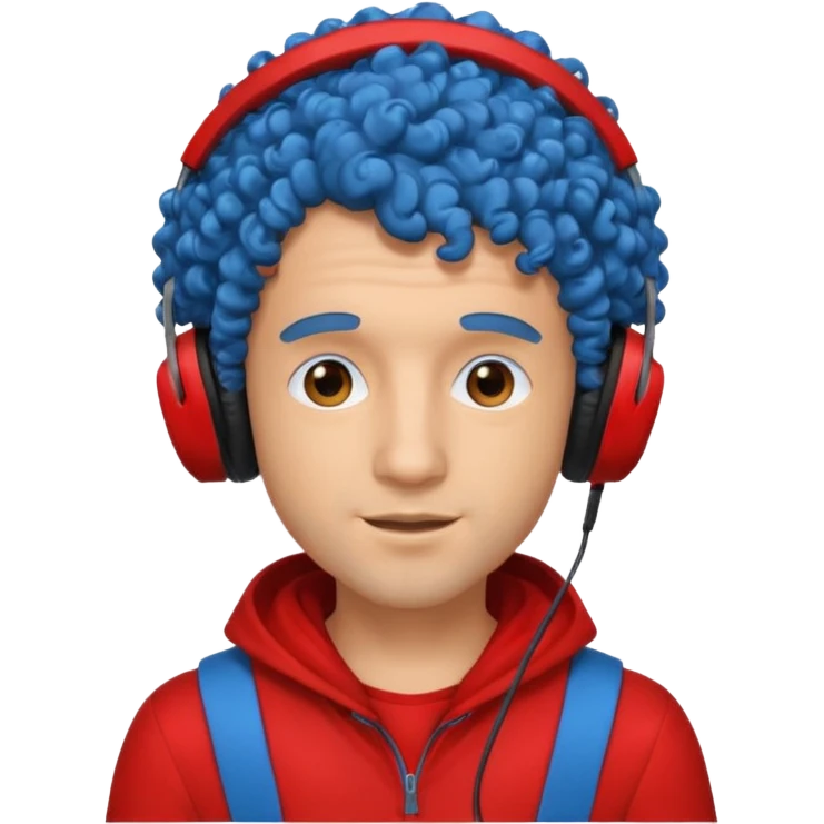 blue curly haired man with headphone and red costumes  emoji