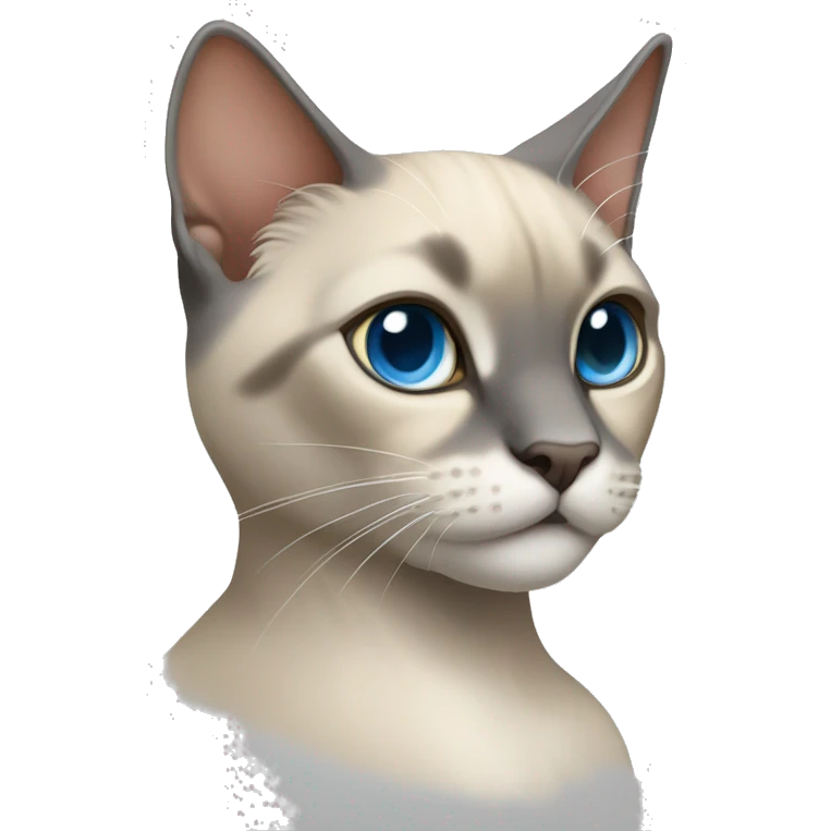 Thai breed cat with a light cream-brown body, dark gray face, ears, and paws. Short fur, sharp ears, and striking light blue eyes with an intense gaze. emoji