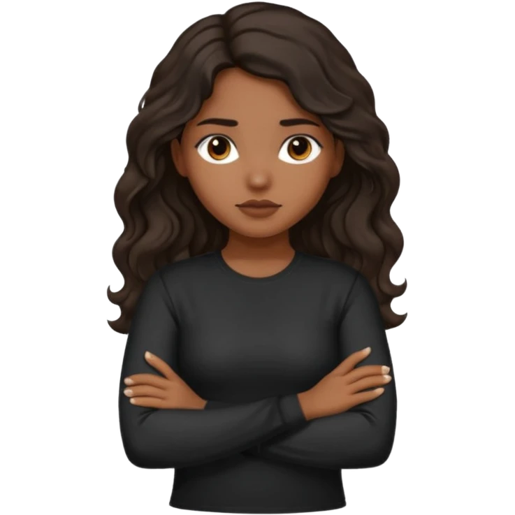 Hispanic girl dark long wavy hair crossing her arms with slight pout black long sleeve shirt emoji