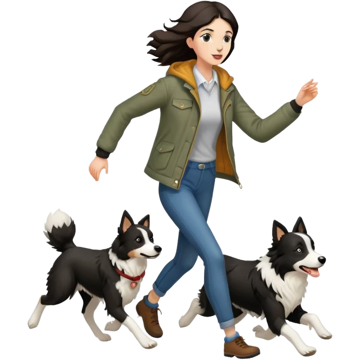 A beautiful tall girl with fair skin wearing a jacket chasing a Border Collie emoji