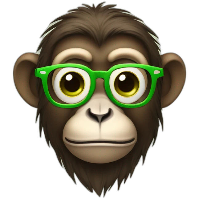 Monkey with glasses and green eyes having an apple emoji