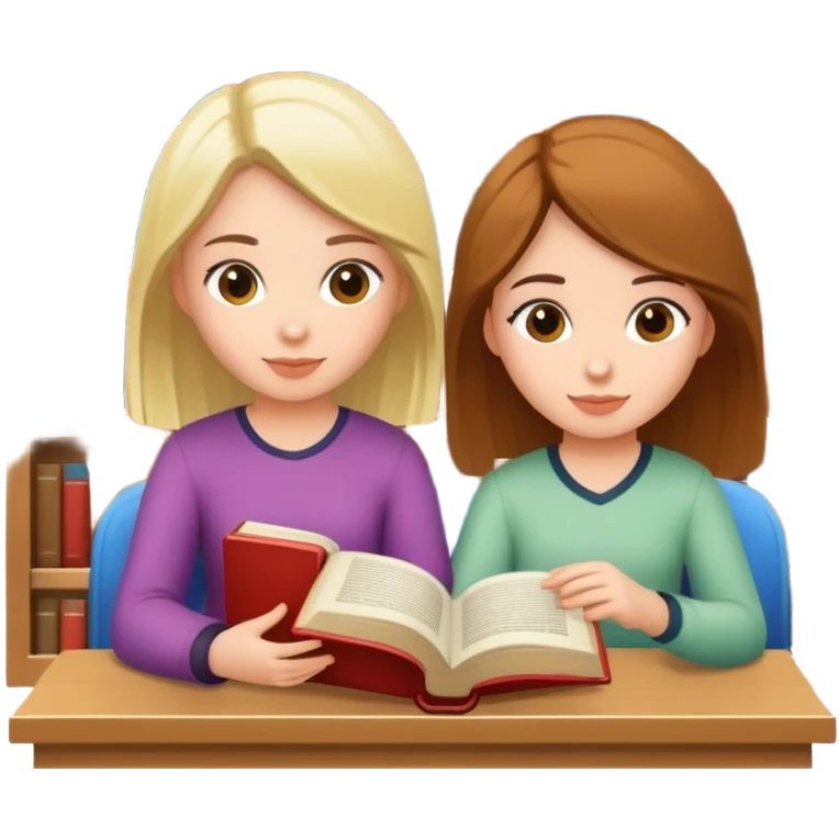 Girls sitting in a library reading a book emoji