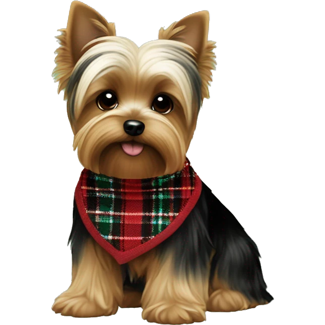 NO BLACK only brown and white BOY yorkie with a red and black plaid sweater the a name tag bruno with a green christmas bandana around the neck emoji