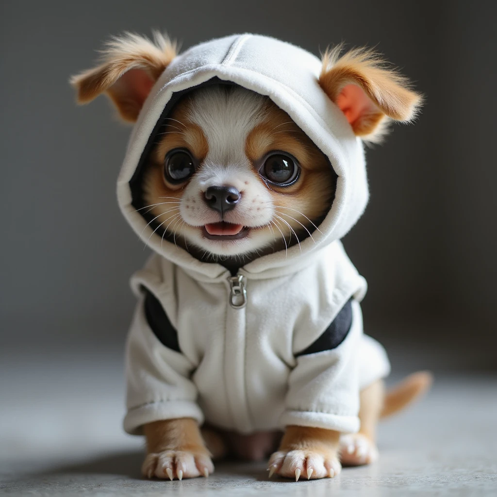 adorable realistic puppy wearing a stormtrooper suit, sitting, cheerful expression, photorealistic emoji